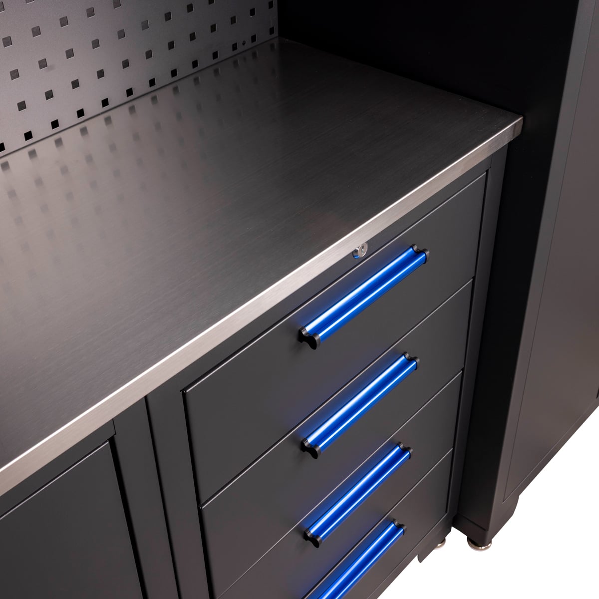 SGS 9pc Garage Storage System with Pegboard | Stainless Steel Worktop | 3x Floor Cabinets | 3x Upper Cabinets | 2x Tall Double Side Cabinets